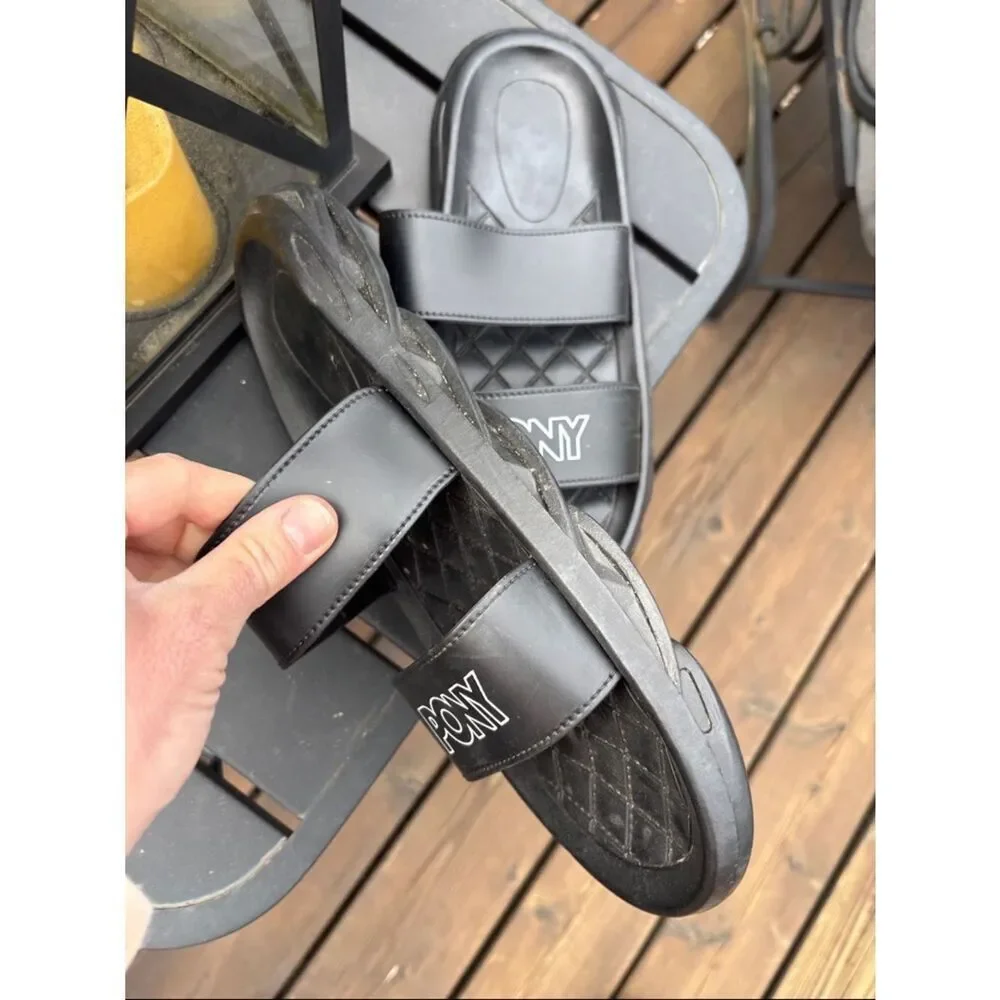 Pony Black Quilted Strap Slide Sandals